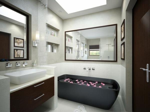 rektangulärt-handfat-elegant-badrum-ett-svart-badkar-två-stora-rektangulära speglar