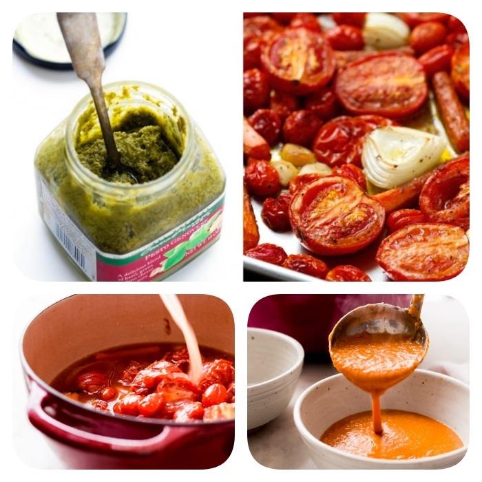 ضوء Vellutate ، frullare le foglie di basilico ، pomodorini cotti al forno in teglia