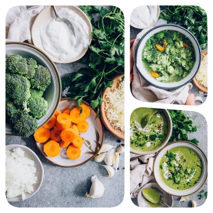 Vellutata di verdure miste ، minestra di broccoli e carrot ، المكونات في ciotole di metallo