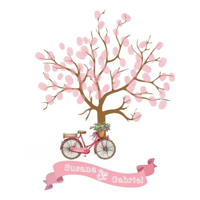 رسم رائع بدراجة مزينة بالورود وشجرة ذات بصمة وردية ، تذكار زفاف أصلي