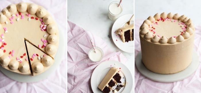 nápad, ktorý dezert pripraviť na romantické valentínske jedlo, okrúhlu tortu z tmavej čokolády a karamelu