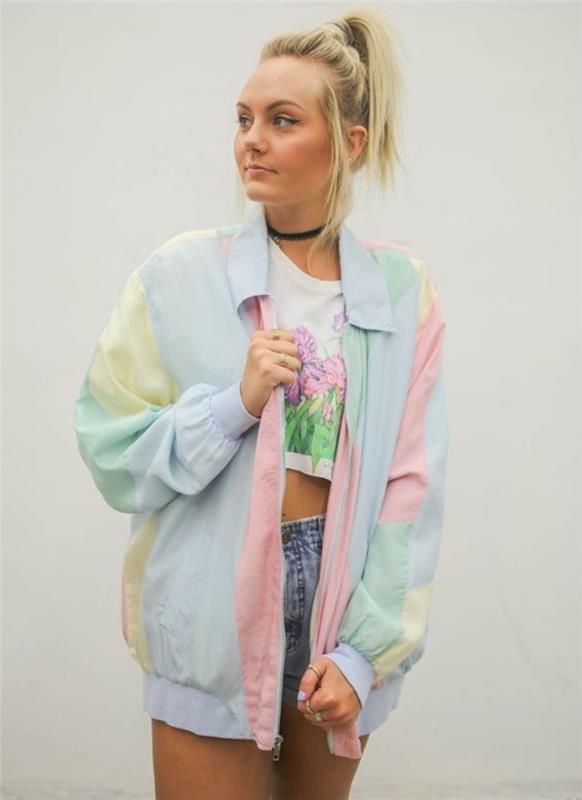 90 -ty rok vzhľad hipster vintage dievča krátke džínsy krátka bunda pastelových farbách uk
