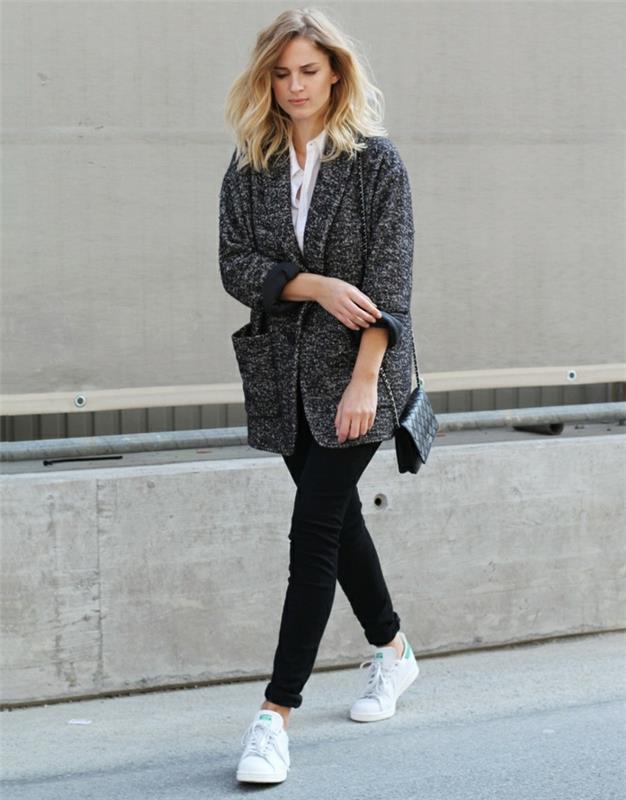 čo si obliecť čierne nohavice, biele tenisky stan smith, sivú bundu, bielu košeľu, blond vlasy