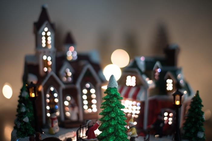 god jul bild för dator tapet, foto idé för pc tapeter med en lysande by och falska julgran