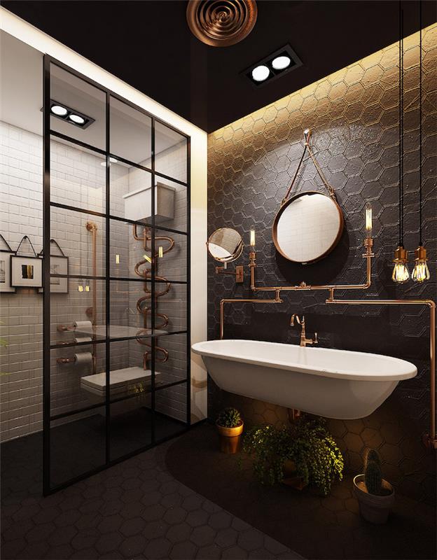 Industriell stil i badrummet, rund spegel, intressant handfat som kan användas som badkar, toalettutrymme