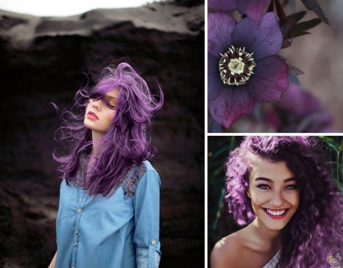 pastell lila hårfärg, lång och naturligt lockig frisyr med pastell lila höjdpunkter
