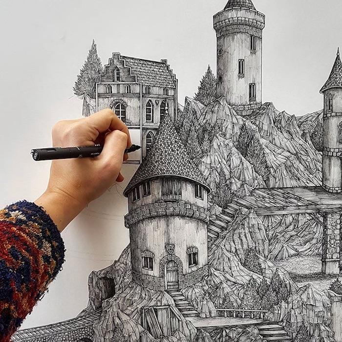 Castle Detaljerad ritning, Fantasy Drawing Art Penna och svart markör, lätt att göra och vackert papper och blyertsteckning, landskapsteckning