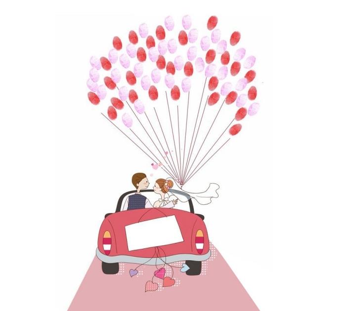 ألبوم صور سكرابوكينغ مع غطاء تصميم السيارة والعروسين مع مجموعة من بالونات بصمات الأصابع باللونين الأحمر والوردي