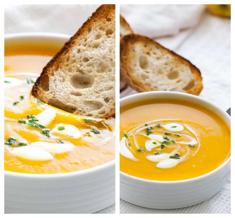 Vellutate Invernali ، ciotola con frullato di zucca ، fetta di pane inzuppata nella minestra