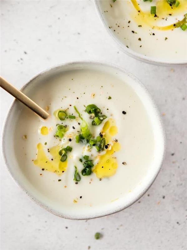 Minestra Frullata con filo d'olio، piatto guarnito con cipolla verde، vellutata di verdure miste